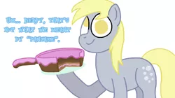 Size: 1024x575 | Tagged: safe, artist:jamesawilliams1996, derpibooru import, derpy hooves, pony, cake, food, frosting, frying pan, implied rainbow dash, plate, silly, silly pony, simple background, white background, wingless