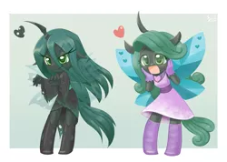 Size: 1407x1000 | Tagged: safe, artist:howxu, derpibooru import, queen chrysalis, anthro, changeling, changeling queen, blushing, boots, chibi, clothes, cute, cutealis, dress, duality, glasses, gloves, hands on face, heart, horn, licking, licking lips, reversalis, shoes, skirt, tareme, tongue out, tsurime, wings