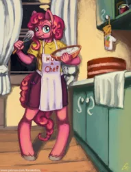 Size: 918x1200 | Tagged: safe, artist:lexx2dot0, derpibooru import, pinkie pie, anthro, earth pony, unguligrade anthro, apron, batter, bowl, cake batter, clothes, cute, diapinkes, female, kitchen, looking at you, mare, night, shorts, solo, stars, tongue out