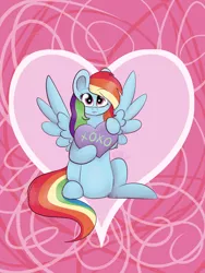 Size: 3024x4032 | Tagged: safe, artist:itssopanda, derpibooru import, rainbow dash, pegasus, pony, :3, abstract background, cute, dashabetes, female, heart, heart pillow, high res, looking at you, pillow, sitting, solo, xoxo