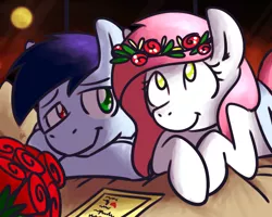 Size: 1280x1024 | Tagged: safe, artist:sugar morning, derpibooru import, oc, oc:slipstream, oc:sugar morning, unofficial characters only, pegasus, pony, bed, bedroom eyes, bouquet, couple, cute, female, floral head wreath, flower, hearts and hooves day, heterochromia, holiday, hotel room, love letter, male, mare, moon, oc x oc, rose, shipping, stallion, straight, sugarstream, valentine's day