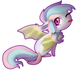 Size: 1024x968 | Tagged: safe, artist:oneiria-fylakas, derpibooru import, oc, oc:cosmic bubble, unofficial characters only, bat pony, chibi, female, mare, one eye closed, simple background, sitting, solo, tongue out, transparent background, wink