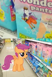 Size: 1024x1534 | Tagged: 2 panel comic, artist:blackrhinoranger, artist:quanno3, comic, derpibooru import, diaper, diaper package, irl, look-alike, penguin, photo, ponies in real life, safe, scootaloo