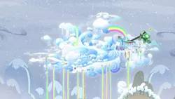 Size: 1280x720 | Tagged: safe, derpibooru import, screencap, rainbow dash, tank, pegasus, pony, tortoise, tanks for the memories, city, cloud, cloudsdale, flying, rainbow, rainbow waterfall, snow, snowfall, weather factory