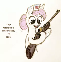 Size: 2448x2460 | Tagged: semi-grimdark, artist:insanus.ad, derpibooru import, nurse redheart, earth pony, pony, bullet, carbine, dialogue, female, funny, gun, hospital, imminent murder, mare, medicine, meme, pure unfiltered evil, remedy, rifle, simple background, solo, weapon, white background