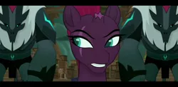 Size: 2220x1080 | Tagged: safe, derpibooru import, screencap, tempest shadow, pony, unicorn, my little pony: the movie, broken horn, eye scar, female, looking back, mare, scar, solo, storm guard, tempest shadow's bodyguard