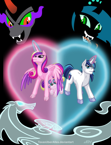 Size: 720x937 | Tagged: safe, artist:texasuberalles, derpibooru import, king sombra, princess cadance, princess flurry heart, queen chrysalis, shining armor, alicorn, changeling, changeling queen, pony, umbrum, unicorn, windigo, black background, cloven hooves, colored hooves, female, filly, glowing eyes, glowing horn, heart, male, mare, simple background, stallion, tongue out, unshorn fetlocks