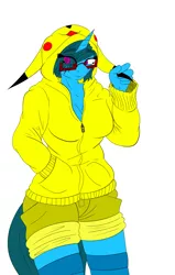 Size: 1555x2450 | Tagged: anthro, artist:splint, breasts, cleavage, clothes, cute, derpibooru import, female, glasses, hand in pocket, hoodie, oc, oc:doctor blue horizon, pikachu, pokémon, safe, shorts, smiling, solo, stockings, tail, thigh highs