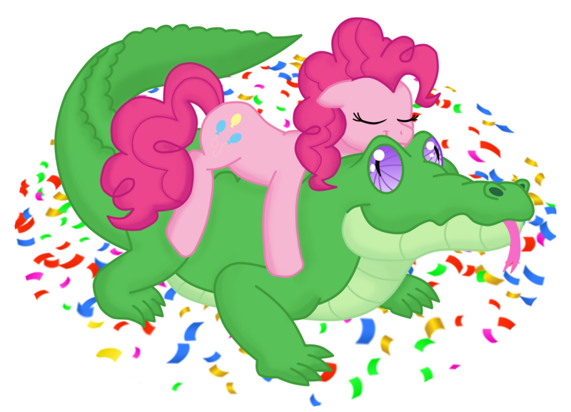 Size: 10596x7648 | Tagged: safe, artist:faitheverlasting, derpibooru import, gummy, pinkie pie, alligator, earth pony, pony, absurd resolution, confetti, female, mare, older, ponies riding gators, riding, simple background, tongue out, transparent background