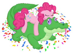 Size: 10596x7648 | Tagged: safe, artist:faitheverlasting, derpibooru import, gummy, pinkie pie, alligator, earth pony, pony, absurd resolution, confetti, female, mare, older, ponies riding gators, riding, simple background, tongue out, transparent background