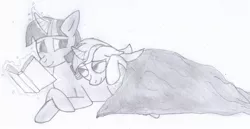 Size: 1218x630 | Tagged: artist:jesterofdestiny, bedroom eyes, black and white, blanket, book, crossed hooves, cuddling, derpibooru import, female, grayscale, lesbian, levitation, looking at each other, lying down, lyra heartstrings, magic, monochrome, reading, safe, shipping, sleepy, smiling, snuggling, telekinesis, traditional art, twilight sparkle, twyra