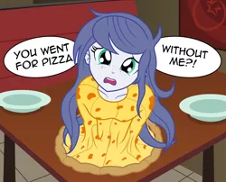 Size: 2432x1968 | Tagged: safe, artist:badumsquish, derpibooru import, wallflower blush, ghost, monster girl, a friendship to remember, equestria girls, equestria girls series, forgotten friendship, blue hair, dialogue, diner, door, female, food, freckles, haunted, looking at you, pale skin, pizza, plate, poster, sad, solo, species swap, table, wall shadow, whining
