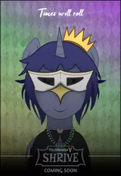 Size: 700x1024 | Tagged: safe, artist:lirodon, derpibooru import, oc, oc:obscurus noctis, unofficial characters only, unicorn, beads, cloak, clothes, crown, jewelry, mardi gras, poster, regalia, teaser, trotmania