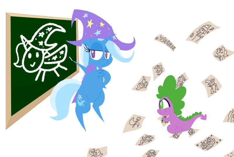 Size: 2455x1655 | Tagged: safe, artist:dragonpone, derpibooru import, spike, starlight glimmer, trixie, alicorn, dragon, mushroom pony, original species, pony, unicorn, alicornified, bipedal, butt freckles, cape, chalk, chalkboard, chest fluff, clothes, cutie mark, drawing, duo, female, freckles, gosh! trixie, hat, hoof on hip, lidded eyes, male, mare, mushroom, paper, race swap, rocket, shoulder freckles, shroomsie, simple background, sitting, smiling, teaching, toy interpretation, trixie's cape, trixie's hat, trixie's rocket, trixiecorn, white background