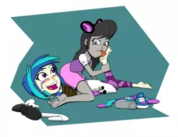 Size: 2200x1700 | Tagged: suggestive, alternate version, artist:coffeeburger, derpibooru import, octavia melody, vinyl scratch, equestria girls, accessory theft, barefoot, blushing, bondage, breasts, clothes, crying, discarded clothing, domtavia, erotic tickling, feet, female, females only, femdom, femsub, fetish, foot fetish, foot worship, glasses, laughing, leggings, lesbian, licking, licking foot, mary janes, open mouth, rope, rope bondage, scratchtavia, shipping, shoes, sitting on person, skirt, sneakers, socks, soles, submissive, sunglasses, tears of laughter, tickle fetish, tickle torture, tickling, tongue out, vinyl's glasses, vinylsub