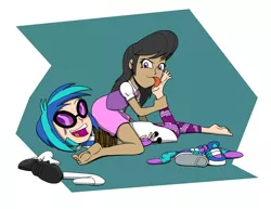 Size: 2200x1700 | Tagged: suggestive, alternate version, artist:coffeeburger, derpibooru import, octavia melody, vinyl scratch, human, equestria girls, barefoot, blushing, bondage, breasts, clothes, crying, dark skin, discarded clothing, erotic tickling, feet, female, females only, femdom, femsub, fetish, foot fetish, foot worship, glasses, humanized, laughing, leggings, lesbian, licking, licking foot, mary janes, open mouth, rope, rope bondage, scratchtavia, shipping, shoes, sitting on person, skirt, sneakers, socks, soles, submissive, sunglasses, tears of laughter, tickle fetish, tickle torture, tickling, tongue out, vinyl's glasses