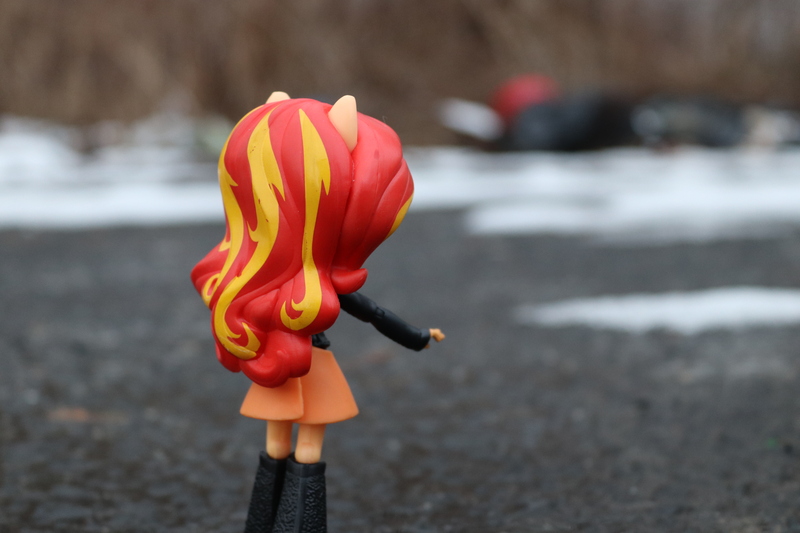 Size: 6000x4000 | Tagged: safe, artist:artofmagicpoland, derpibooru import, sunset shimmer, equestria girls, clean, clothes, doll, equestria girls minis, pointing, skirt, solo, toy, trash