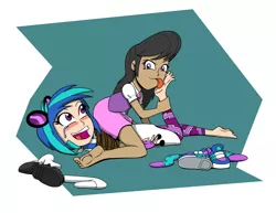 Size: 2200x1700 | Tagged: suggestive, alternate version, artist:coffeeburger, derpibooru import, octavia melody, vinyl scratch, human, equestria girls, barefoot, blushing, bondage, breasts, clothes, crying, dark skin, discarded clothing, erotic tickling, feet, female, females only, fetish, foot fetish, foot worship, glasses, humanized, laughing, leggings, lesbian, licking, licking foot, mary janes, open mouth, rope, rope bondage, scratchtavia, shipping, shoes, sitting on person, skirt, sneakers, socks, soles, sunglasses, tears of laughter, tickle fetish, tickle torture, tickling, tongue out, vinyl's glasses