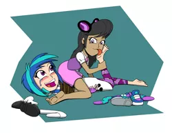 Size: 2200x1700 | Tagged: suggestive, alternate version, artist:coffeeburger, derpibooru import, octavia melody, vinyl scratch, human, equestria girls, accessory theft, barefoot, blushing, bondage, breasts, clothes, crying, dark skin, discarded clothing, erotic tickling, feet, female, females only, fetish, foot fetish, foot worship, glasses, humanized, laughing, leggings, lesbian, licking, licking foot, mary janes, open mouth, rope, rope bondage, scratchtavia, shipping, shoes, sitting on person, skirt, sneakers, socks, soles, sunglasses, tears of laughter, tickle fetish, tickle torture, tickling, tongue out, vinyl's glasses