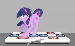 Size: 1809x1119 | Tagged: safe, artist:thattagen, derpibooru import, twilight sparkle, pony, unicorn, dance dance revolution, female, gray background, mare, rhythm game, simple background, sockypockytwi, solo, sweat