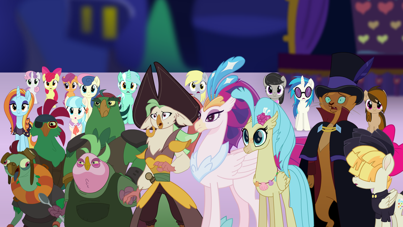 Size: 1920x1080 | Tagged: safe, artist:dashiemlpfim, artist:yoshigreenwater, derpibooru import, bon bon, boyle, capper dapperpaws, captain celaeno, coco pommel, derpy hooves, lix spittle, lyra heartstrings, mullet (character), murdock, octavia melody, princess skystar, queen novo, sassy saddles, songbird serenade, sweetie drops, vinyl scratch, oc, oc:cupcake slash, anthro, classical hippogriff, digitigrade anthro, hippogriff, parrot pirates, pony, my little pony: the movie, anthro with ponies, background pony, beauty mark, ear piercing, earring, female, jewelry, piercing, pirate