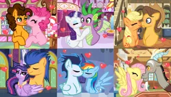 Size: 1044x594 | Tagged: safe, artist:velveagicsentryyt, derpibooru import, applejack, caramel, cheese sandwich, discord, flash sentry, fluttershy, pinkie pie, rainbow dash, rarity, soarin', spike, twilight sparkle, twilight sparkle (alicorn), alicorn, pony, accessory swap, base used, carajack, cheesepie, discoshy, female, flashlight, heart, kissing, male, mane seven, mane six, nuzzling, shipping, soarindash, sparity, straight, winged spike