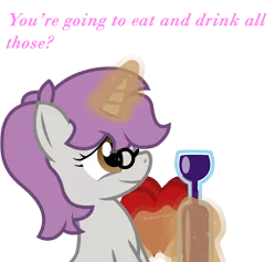 Size: 1617x1534 | Tagged: safe, artist:darkstorm619, derpibooru import, oc, oc:snappy edit, unofficial characters only, pony, unicorn, chocolate, dialogue, drink, female, food, glasses, glowing horn, heart, magic, mare, offscreen character, simple background, smiling, solo, telekinesis, transparent background