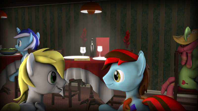 Size: 3840x2160 | Tagged: 3d, artist:fiopon, date, date night, derpibooru import, dinner, gay, holiday, male, minuette, oc, oc:angel rose, oc:fiopon, oc x oc, safe, shipping, source filmmaker, tree hugger, valentine, valentine's day