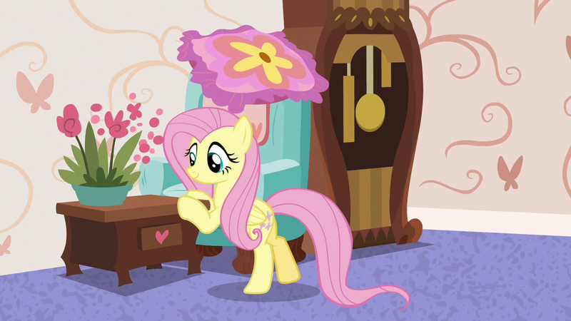 Size: 1280x720 | Tagged: safe, derpibooru import, screencap, fluttershy, pegasus, pony, discordant harmony, bipedal, bipedal leaning, chair, clock, couch, cute, female, flower, grandfather clock, leaning, mare, pot, pushing, shyabetes, smiling, solo, table