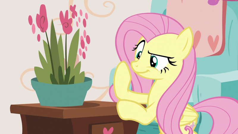 Size: 1280x720 | Tagged: safe, derpibooru import, screencap, fluttershy, pegasus, pony, discordant harmony, :t, bipedal, bipedal leaning, female, flower, leaning, mare, plant, raised eyebrow, smiling, smirk, solo