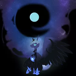 Size: 1000x1000 | Tagged: safe, artist:lunar-march, derpibooru import, nightmare moon, princess luna, alicorn, pony, looking up, moon, shrunken pupils, sitting, slit eyes, solo, spread wings, transformation, wings