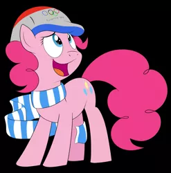 Size: 1267x1280 | Tagged: artist:rupertbluefox, black background, clothes, derpibooru import, hat, olympic rings, olympics, pinkie pie, pyeongchang, safe, scarf, simple background, solo