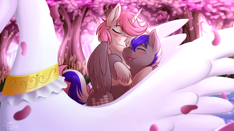 Size: 3840x2160 | Tagged: safe, artist:sugaryviolet, derpibooru import, oc, oc:bassy, oc:intrepid charm, unofficial characters only, pegasus, pony, unicorn, blushing, boat, cherry blossoms, commission, couple, cuddling, cute, eyes closed, flower, flower blossom, gay, hearts and hooves day, holiday, hug, male, oc x oc, open mouth, shipping, stallion, swan boat, unshorn fetlocks, valentine's day, water, winghug