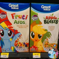 Size: 960x960 | Tagged: safe, derpibooru import, applejack, rainbow dash, earth pony, pegasus, pony, apple blasts, apple jacks, cereal, cereal box, cowboy hat, duo, female, food, froot loops, great value, hat, irl, mare, merchandise, mexico, photo, spanish