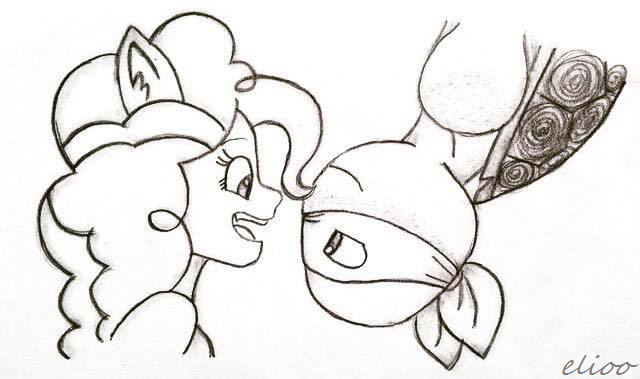 Size: 640x379 | Tagged: safe, artist:elioo, derpibooru import, pinkie pie, equestria girls, crossover, crossover shipping, michelangelo, pencil drawing, ponied up, shipping, teenage mutant ninja turtles, tmnt 2012, traditional art