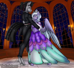 Size: 2344x2150 | Tagged: anthro, artist:theecchiqueen, ballroom, beautiful, classy, clothes, commission, dancing, derpibooru import, dress, elegant, gentleman, hooves, jeweel, night, oc, oc:forged steel, oc:glitter jewel, pants, safe, stars, suit, unguligrade anthro, unofficial characters only