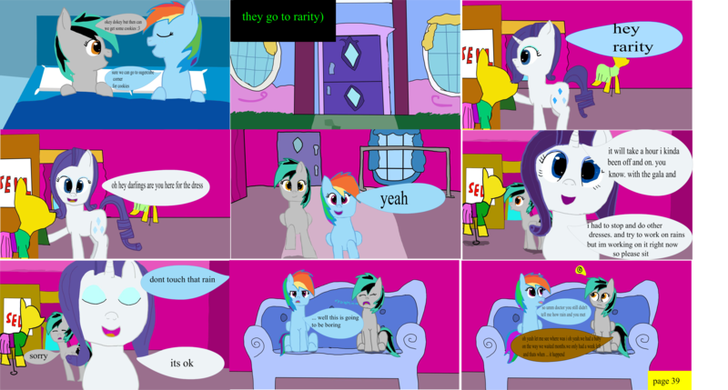 Size: 4053x2172 | Tagged: 1000 hours in ms paint, artist:closingrain, artist:mellowbomb, comic, comic:calamity fateful, derpibooru import, dialogue, oc, oc:closingrain, oc:doctor dextor wise, rainbow dash, rarity, safe