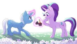 Size: 1455x840 | Tagged: safe, artist:raikoh, derpibooru import, starlight glimmer, trixie, pony, unicorn, blushing, cute, diamond, diatrixes, female, flower, gasp, glimmerbetes, glowing horn, grass, grin, horn, kneeling, lesbian, levitation, looking at something, magic, mare, marriage proposal, ring, shadow, shipping, signature, simple background, smiling, startrix, surprised, telekinesis, underhoof, white background, wide eyes