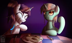 Size: 2800x1700 | Tagged: safe, artist:elmutanto, derpibooru import, lyra heartstrings, oc, oc:raribot, robot, unicorn, canon x oc, date, dinner, duo, duo female, female, food, high res, humor, lesbian, mare, romantic, wife