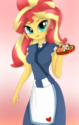 Size: 700x1100 | Tagged: safe, artist:fotasy, derpibooru import, sunset shimmer, eqg summertime shorts, equestria girls, good vibes, apron, clothes, cute, female, food, happi, holiday, looking at you, open mouth, shimmerbetes, smiling, solo, sunset sushi, sushi, uniform, valentine's day