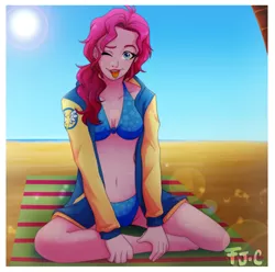 Size: 800x793 | Tagged: safe, artist:fj-c, derpibooru import, pinkie pie, human, equestria girls, beach, belly button, bikini, breasts, clothes, crossed legs, female, jacket, looking at you, one eye closed, open clothes, sitting, smiling, solo, sun, swimsuit, tongue out, wink