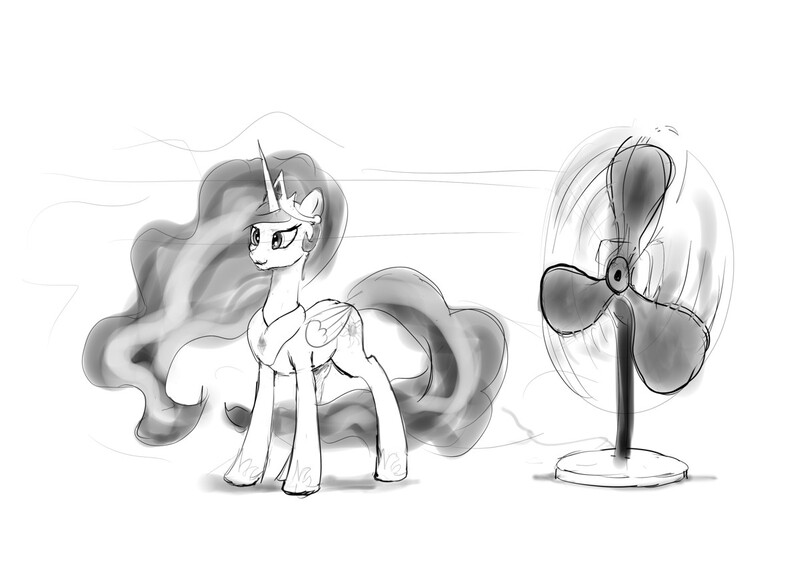 Size: 1200x841 | Tagged: safe, artist:xbi, derpibooru import, princess celestia, alicorn, pony, 30 minute art challenge, fan, grayscale, monochrome, simple background, solo, white background