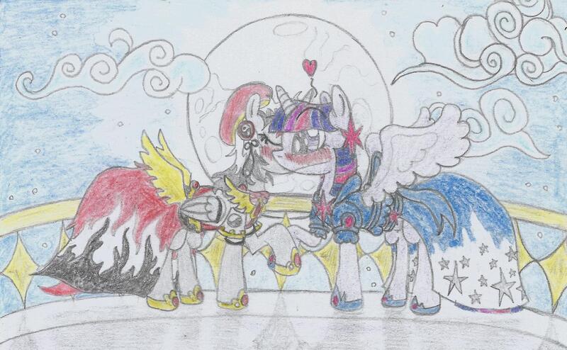 Size: 1718x1060 | Tagged: safe, artist:nephilim rider, derpibooru import, twilight sparkle, twilight sparkle (alicorn), oc, oc:heaven lost, alicorn, canon x oc, heart, kissing, moon, nephilim, night, traditional art