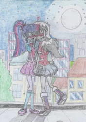 Size: 1218x1719 | Tagged: safe, artist:nephilim rider, derpibooru import, sci-twi, twilight sparkle, oc, oc:heaven lost, equestria girls, blushing, canon x oc, city, heart, kissing, moon, night, shipping, traditional art