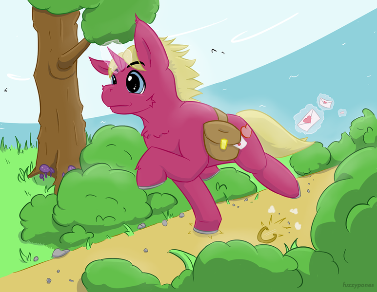 Size: 950x737 | Tagged: safe, artist:fuzzypones, derpibooru import, unicorn, colored, glowing horn, hearts and hooves day, holiday, letter, love, magic, male, running, saddle bag, solo, telekinesis, tree, valentine's day