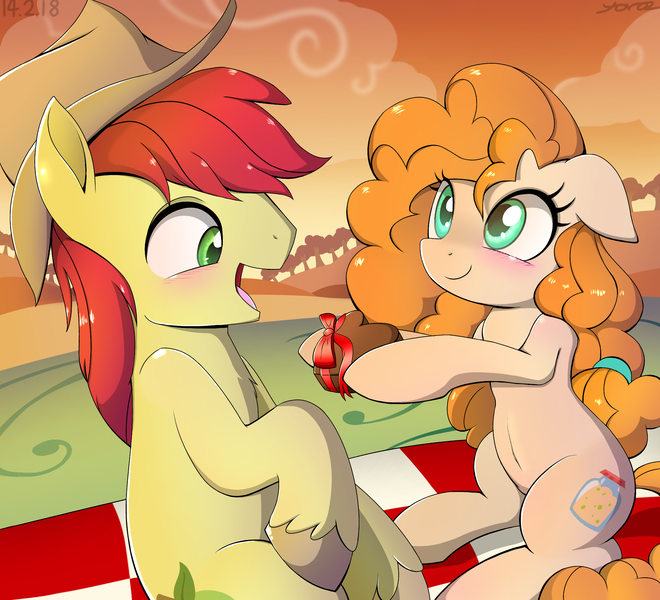 Size: 2272x2064 | Tagged: safe, artist:yorozpony, derpibooru import, bright mac, pear butter, earth pony, pony, the perfect pear, blushing, brightbutter, cowboy hat, cute, female, floppy ears, hat, male, mare, pearabetes, picnic blanket, shipping, smiling, stallion, stetson, straight