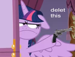 Size: 629x472 | Tagged: alicorn, angry, delet this, derpibooru import, fame and misfortune, gun, handgun, image macro, meme, reaction image, revolver, safe, solo, twilight sparkle, twilight sparkle (alicorn), weapon