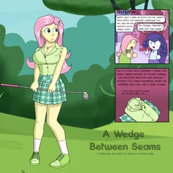 Size: 2000x2000 | Tagged: safe, artist:someguy88, derpibooru import, fluttershy, rarity, human, comic:a wedge between seams, equestria girls, big breasts, blouse, breasts, busty fluttershy, chibi, cleavage, clothes, comic, cute, female, golf, golf club, humanized, jewelry, magic clothes, miniskirt, pendant, plaid, plaid skirt, pleated skirt, puttershy, shoes, skirt, socks, speech bubble, sports, sweater, sweatershy, title page