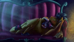 Size: 4096x2304 | Tagged: safe, artist:nightpaint12, derpibooru import, flash sentry, twilight sparkle, twilight sparkle (alicorn), alicorn, pegasus, pony, couch, cuddling, female, flashlight, hug, male, mare, shipping, sleeping, stallion, straight, winghug