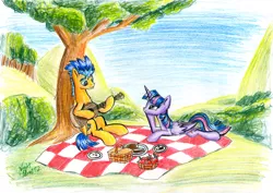 Size: 3130x2220 | Tagged: safe, artist:nightpaint12, derpibooru import, flash sentry, twilight sparkle, twilight sparkle (alicorn), alicorn, pegasus, pony, apple, basket, female, flashlight, food, guitar, male, mare, picnic, picnic basket, picnic blanket, pie, prone, scenery, shipping, smiling, stallion, straight, traditional art, tree